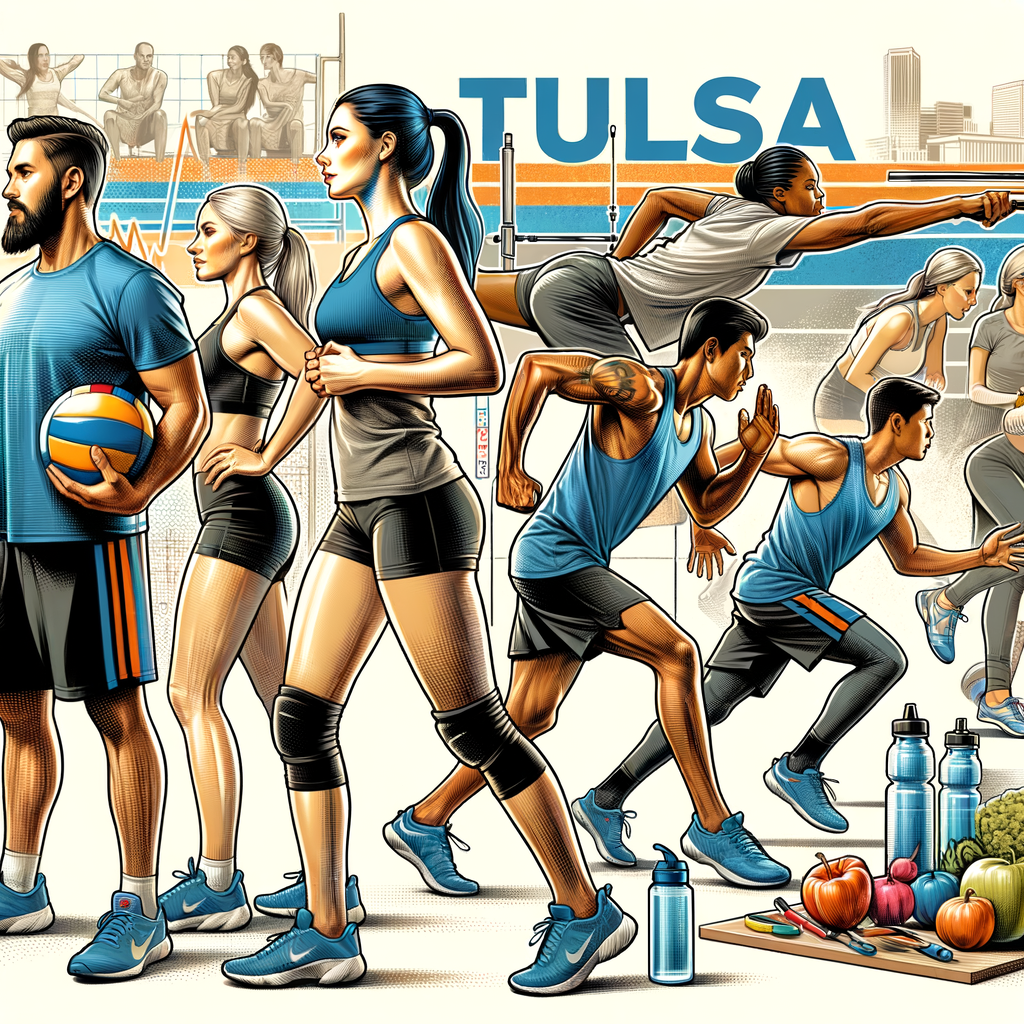 Diverse Tulsa volleyball players demonstrating strength and agility during a fitness program, incorporating health tips like hydration and balanced diet, emphasizing the importance of health and fitness for athletes in Tulsa.
