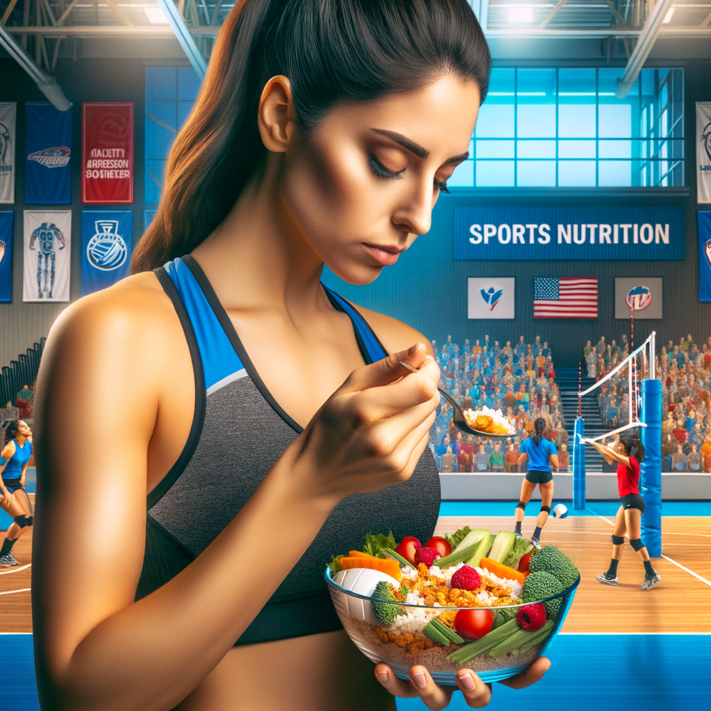 Volleyball player in Tulsa focusing on nutrition for performance enhancement on a vibrant volleyball court, illustrating the importance of a balanced diet plan and sports nutrition in improving volleyball performance.