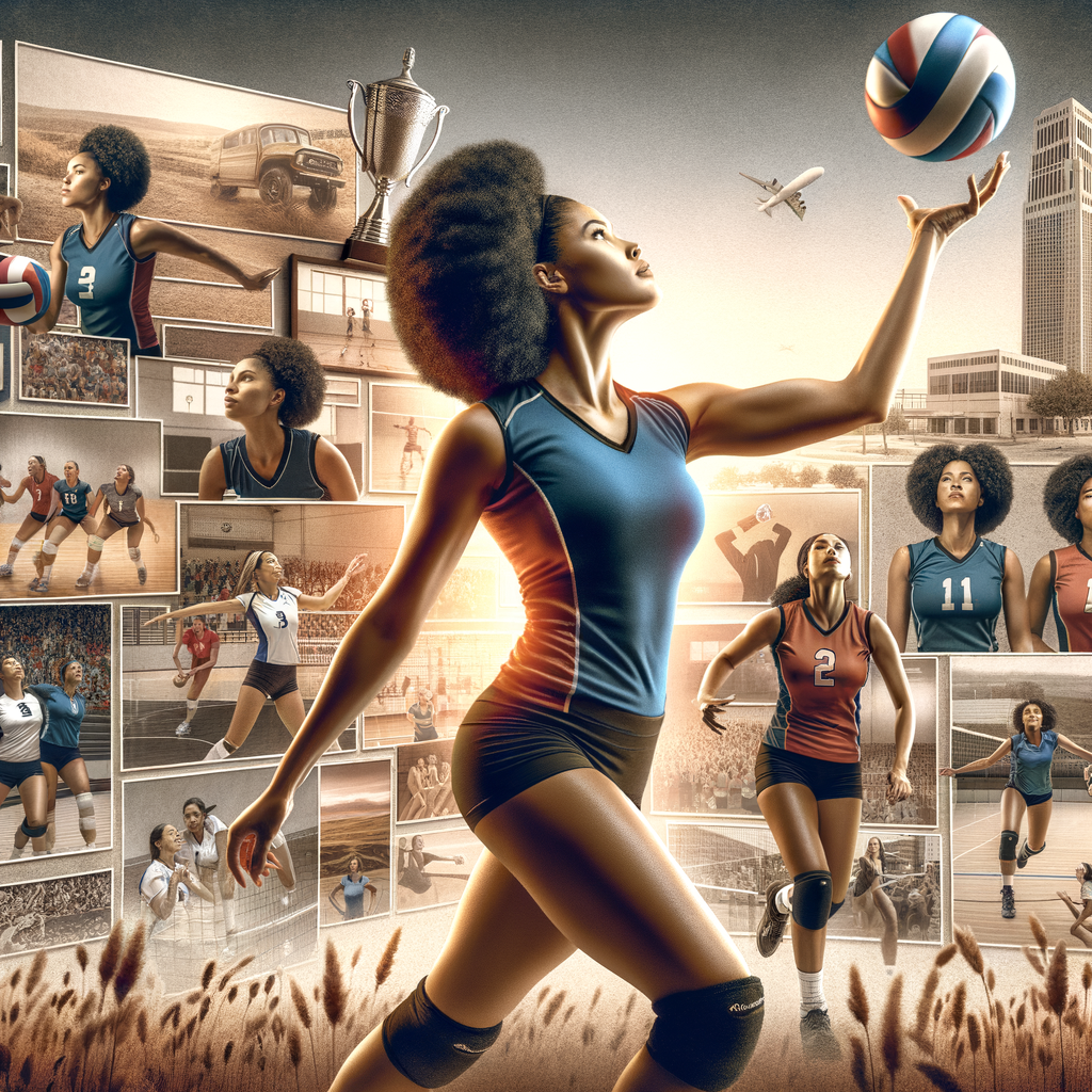 Tulsa Volleyball player mid-serve, showcasing her journey to success, with a collage of volleyball training, team moments, and championship win in Tulsa, illustrating her volleyball career success and skills development.
