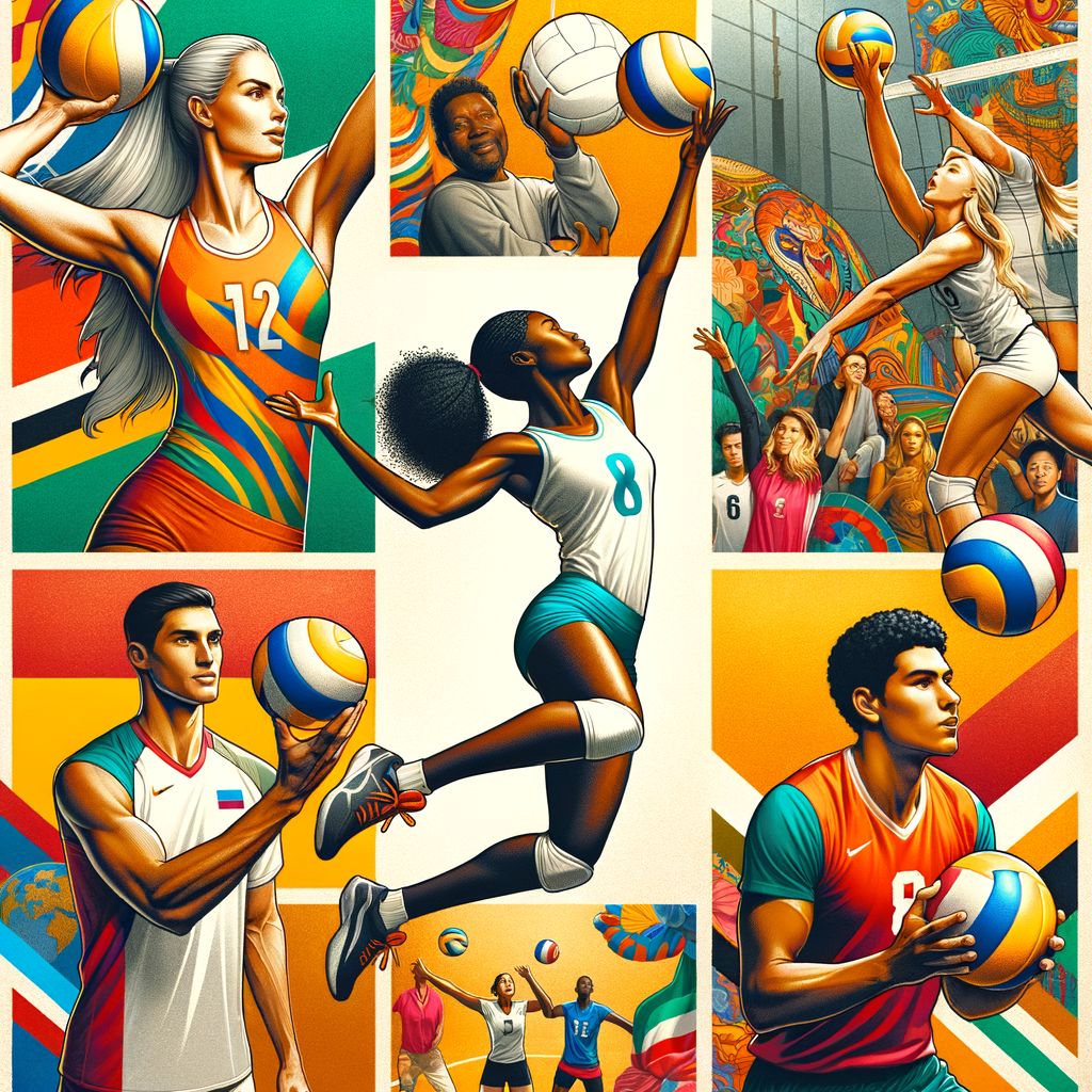 Vibrant collage of diverse volleyball athletes, showcasing global volleyball diversity and international player profiles for an article on diversity in sports.