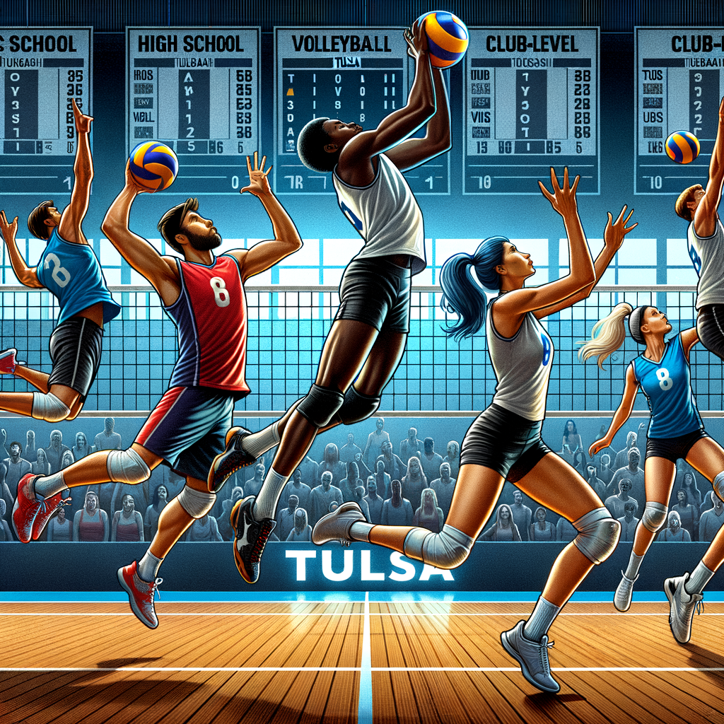 Diverse Tulsa Volleyball Players displaying athletic prowess on a professional court, highlighting High School Volleyball Tulsa, Tulsa Volleyball Clubs, and Tulsa Volleyball Player Rankings for an article on Tulsa Sports Profiles.