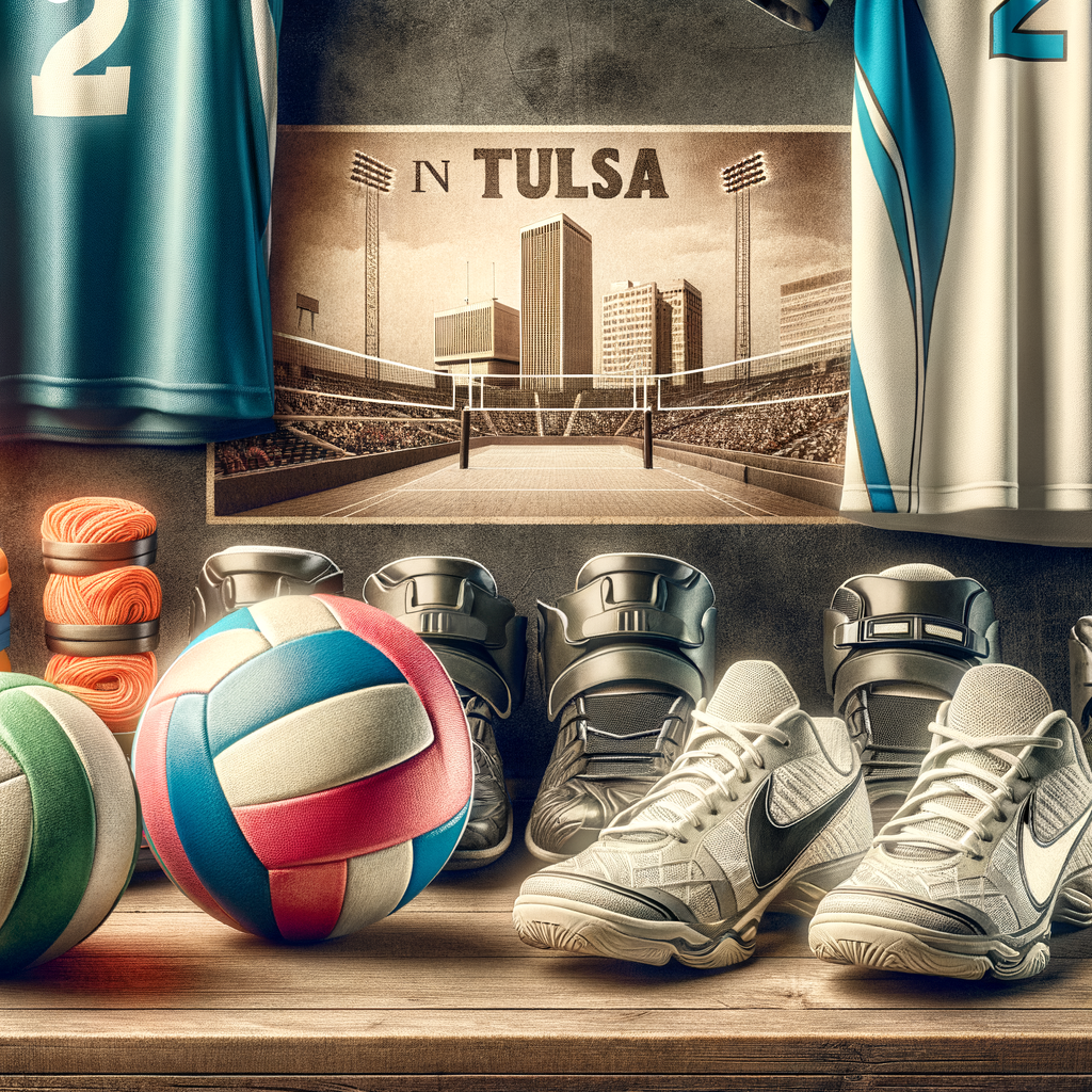 Essential volleyball gear including volleyballs, knee pads, shoes, and jerseys, arranged on a Tulsa volleyball court, showcasing the best gear for volleyball tournaments in Tulsa.