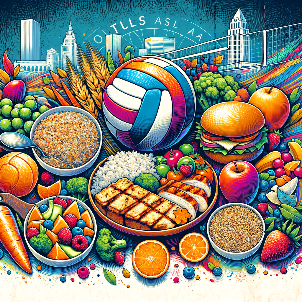 Healthy meal plans for Tulsa volleyball athletes showcasing lean proteins, whole grains, fruits and vegetables, emphasizing Tulsa volleyball nutrition and sports nutrition in Tulsa skyline backdrop
