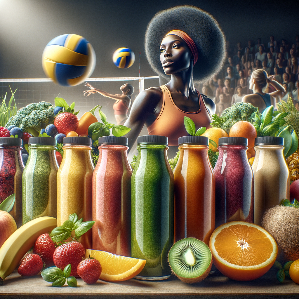 Energizing smoothie recipes in sports bottles on a kitchen counter, illustrating volleyball performance nutrition and the impact of a volleyball diet on training, with a background image of a volleyball player in action.