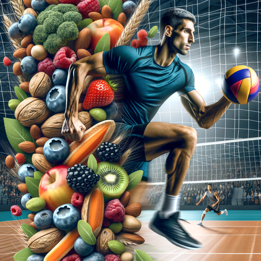 Volleyball player in action, showcasing the importance of incorporating superfoods like berries, nuts, and leafy greens into a volleyball diet for optimal sports performance, highlighting volleyball nutrition and nutrient-dense ingredients for athletes.