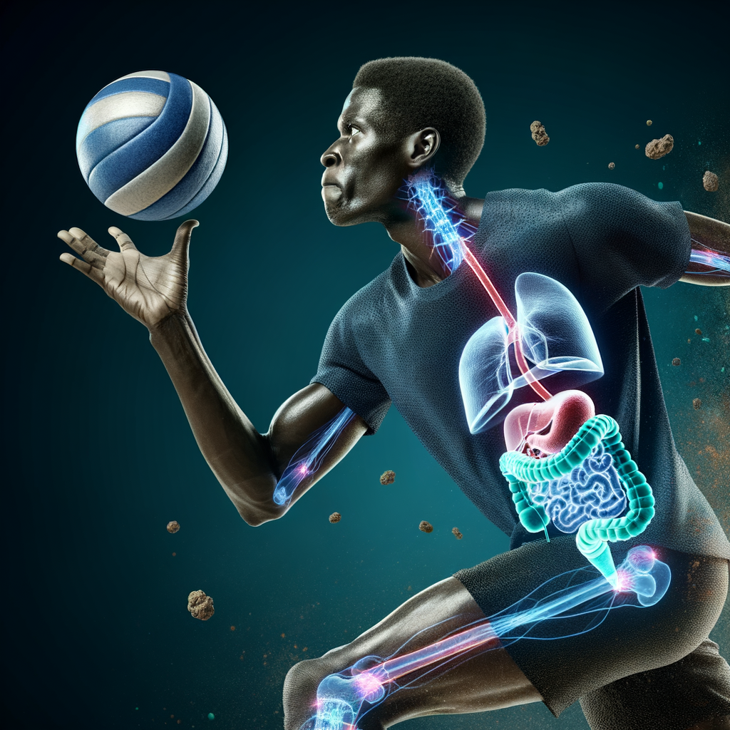 Volleyball player in action emphasizing the importance of gut health for optimal performance, showcasing the connection between digestive wellness and sporting prowess in athletes