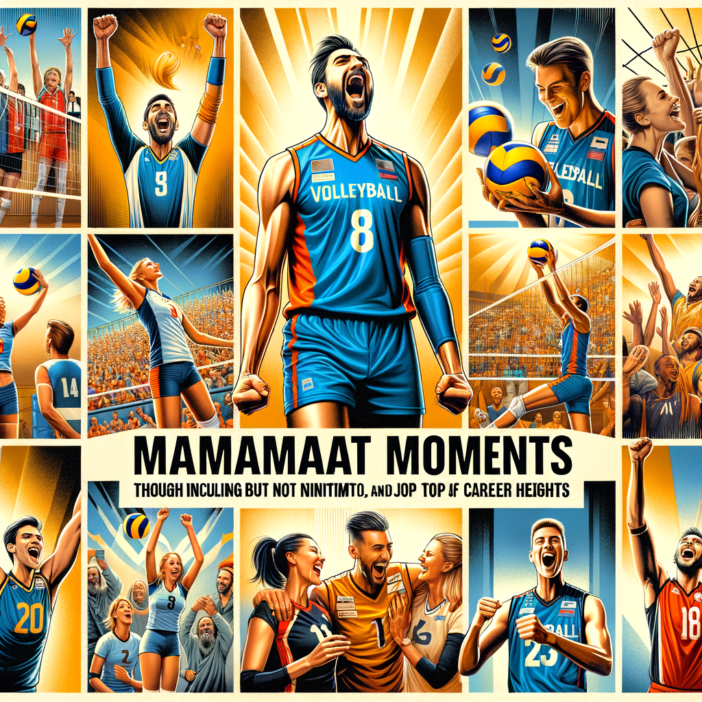 Collage of unforgettable volleyball moments, showcasing professional volleyball players' career highlights, milestones, and achievements in memorable games, emphasizing the passion and intensity of top volleyball player moments.