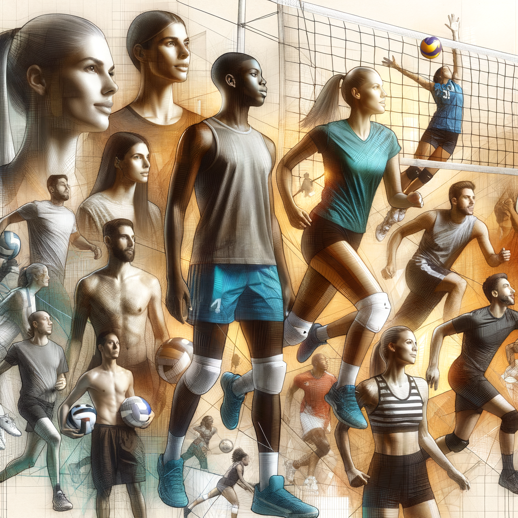 Collage of pro volleyball players in action, featuring personal volleyball journeys and career stories, symbolizing 'Behind the Net' theme for an article on professional volleyball personal experiences and biographies.