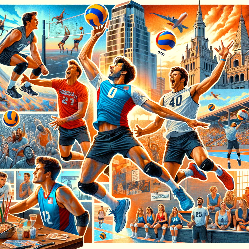 Collage of player experiences at Tulsa Volleyball Tournaments, featuring action shots, camaraderie moments, player reviews, and iconic Tulsa landmarks reflecting the vibrant volleyball scene.