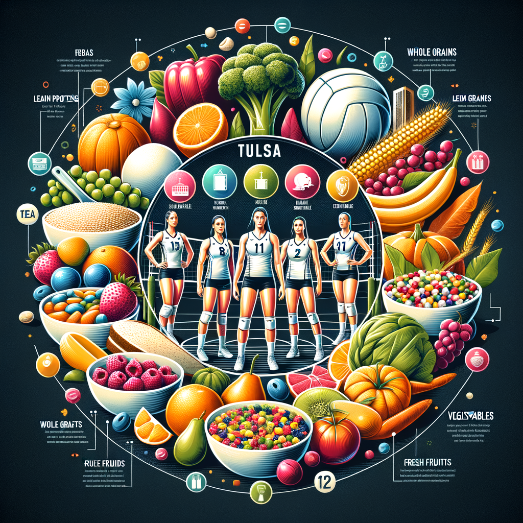 Infographic of optimal volleyball diet plan in Tulsa, highlighting the importance of nutrition for volleyball players with a balanced meal plan including lean proteins, whole grains, and fresh fruits and vegetables.