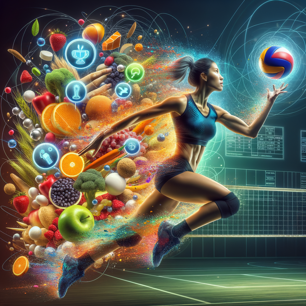 Volleyball player demonstrating peak performance surrounded by macro nutrients for athletes, emphasizing the concept of 'Macro Madness' in sports nutrition for a balanced volleyball diet plan.