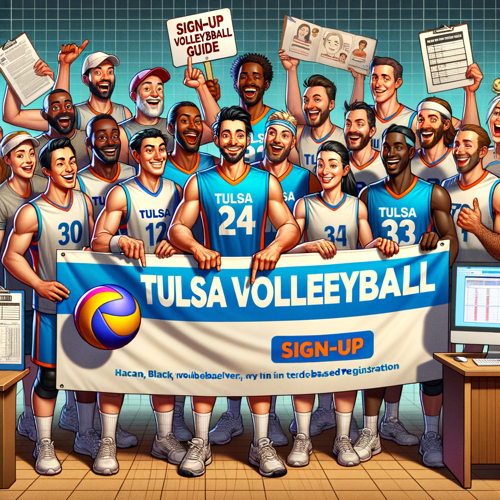 Enthusiastic volleyball players in Tulsa promoting Tulsa Volleyball Tournament Registration with a banner, guidebook, sign-up sheet, and online registration process, showcasing the excitement and camarity among Tulsa volleyball teams.