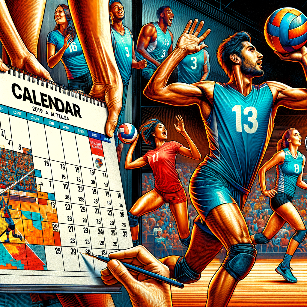 Vibrant image of Tulsa Volleyball Tournament schedules, map of volleyball locations in Tulsa, and action shots of local players, highlighting the excitement for upcoming volleyball events in Tulsa.